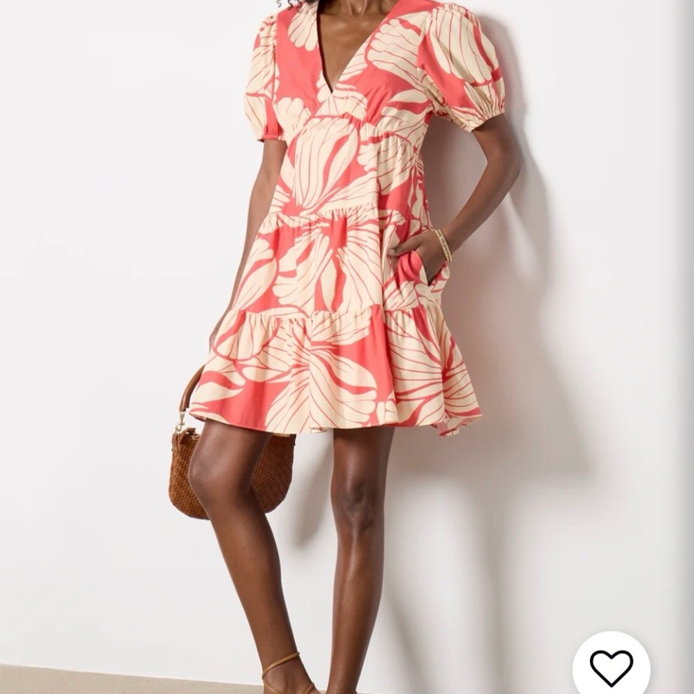 Hutch Evereve short sleeve Coral and Cream Floral V-Neck Dress small 100% cotton - Picture 5 of 8